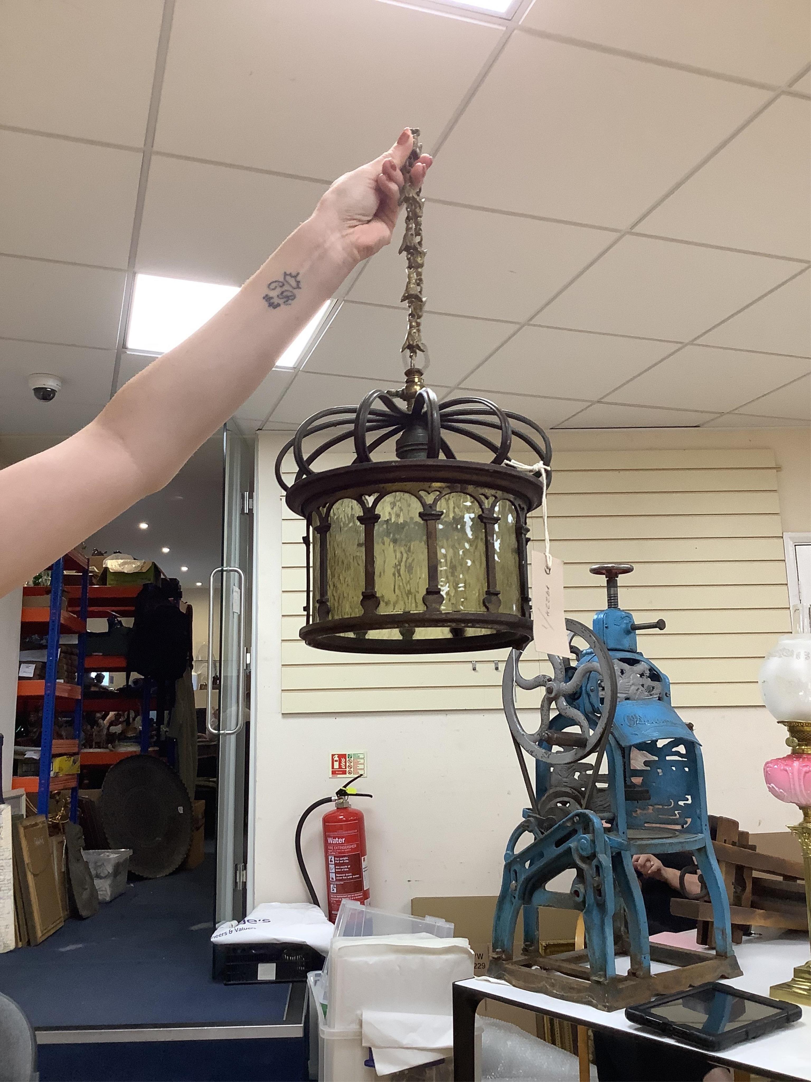 A brass and glass hanging ‘crown’ ceiling pendant, 20cm diameter